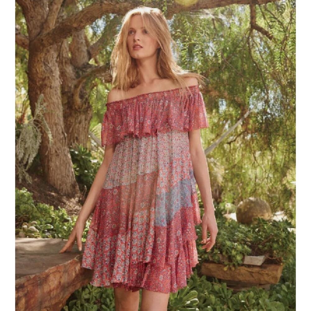 Rebecca Taylor Off Shoulder Amanda Silk Tiered Patchwork Dress Pink Blue 6